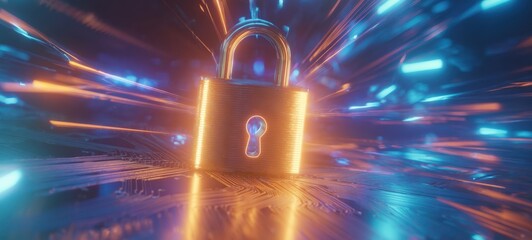 The padlock symbolizing cybersecurity on a glowing futuristic circuit board with neon lights