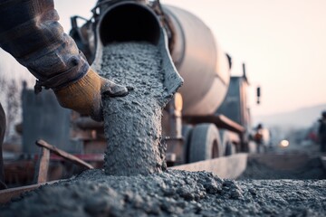 Construction workers pour concrete for a building project during sunset in a city