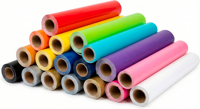 Rollos de vinilo adhesivo de colores brillantes y mate apilados sobre fondo blanco (Vista lateral). Surtido de material para plotter de corte: Tubos de papel o PVC de colores para rotulaci&oacute;n y manuali