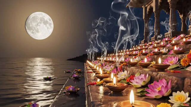 Maghi Purnima Celebration With Ghat Offerings, Lotus Flowers, Diyas, and Incense Trails