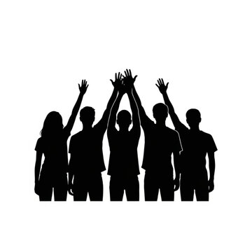 Group of people with hands raised in the air in a celebratory gesture