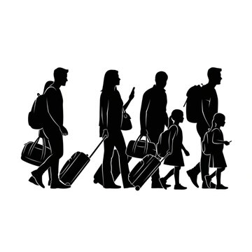 Silhouette of family with luggage walking together in a line