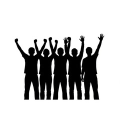 Group of people celebrating with raised hands in silhouette