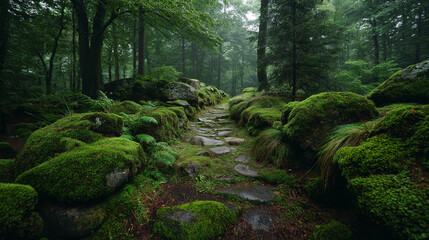 Fototapeta premium Ancient stone path covered with moss, soft forest light, timeless natural mood
