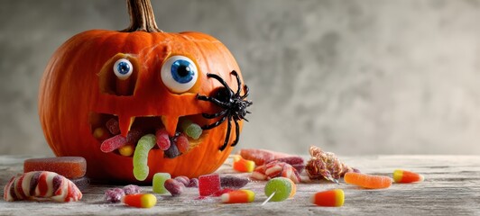 The Pumpkin Jack O Lantern Spilling Colorful Candy with a Creepy Plastic Spider