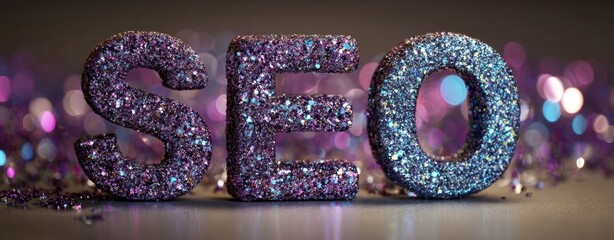 The SEO letters covered in sparkling glitter with bokeh festive background
