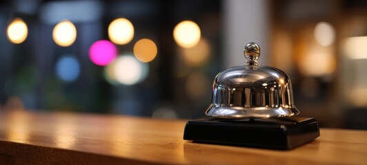 The service bell on a polished reception desk with warm bokeh lighting