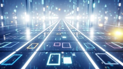 Abstract digital tunnel with glowing squares and bright lights