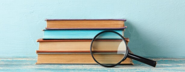 The Stack of Books with Magnifying Glass on Blue Wood Table for Research