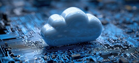 The cloud resting on a glowing circuit board representing digital data storage and connectivity