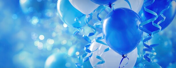 The Blue Balloons with Curling Ribbons and Festive Bokeh Light Background