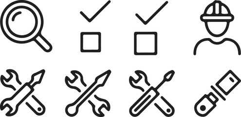 Construction Tools, Inspection, and Worker Icons for Project Management.
