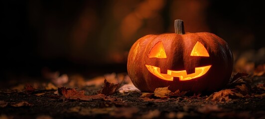 The Pumpkin Jack-o'-lantern Glowing on Fallen Leaves in a Moody Halloween Night