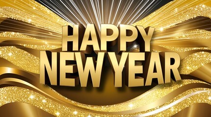 Luxurious New Year celebration scene with metallic gold waves, bright sparkle bursts, dynamic light trails, massive 3D Happy New Year typography centered, dramatic lighting