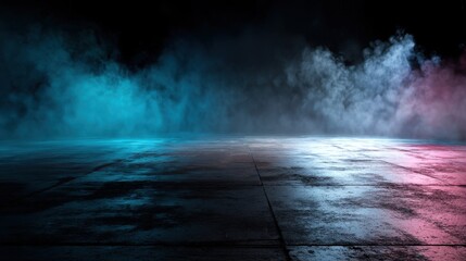 Light blue and pink smoke fills the air above a reflective surface in a dark location. The surrounding area is lit with colorful lights creating a unique atmosphere.