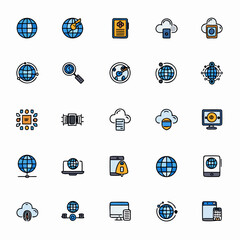 Collection of digital icons representing global connections data and security