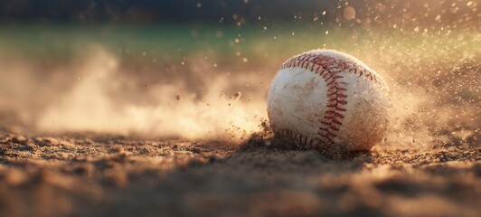The Baseball Kicking Up Dust on a Sunlit Infield in Dramatic Closeup Motion Shot