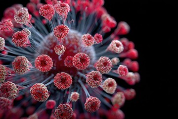 Close view of a virus structure with spikes under a dark background during a scientific study