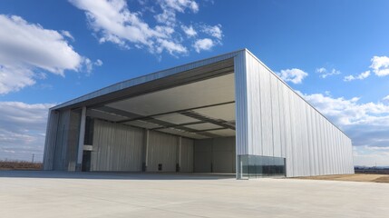 Fototapeta premium Large industrial building with open entrance located in an area with cloudy sky and few visible structures nearby