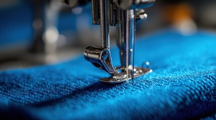 Close view of a sewing machine needle working on blue fabric during a crafting session in a workshop