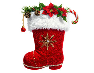 Festive red stocking adorned with snowflake, holly, & candy cane