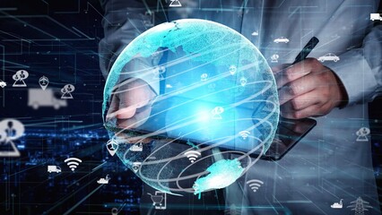 A hands-on approach to modern technology, highlighting the interaction with a tablet and a digitally rendered globe, symbolizing global connectivity and data flow. Xenic