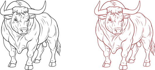 Fototapeta premium A powerful bull stands stoically with large horns and muscular build.