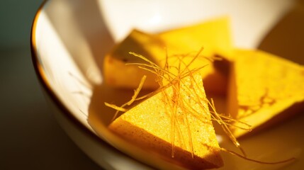 Close up of golden food in a bowl illuminated by soft sunlight