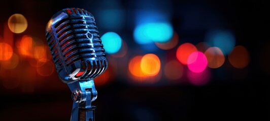 The Microphone on Stand with Retro Chrome Finish and Colorful Bokeh Lights