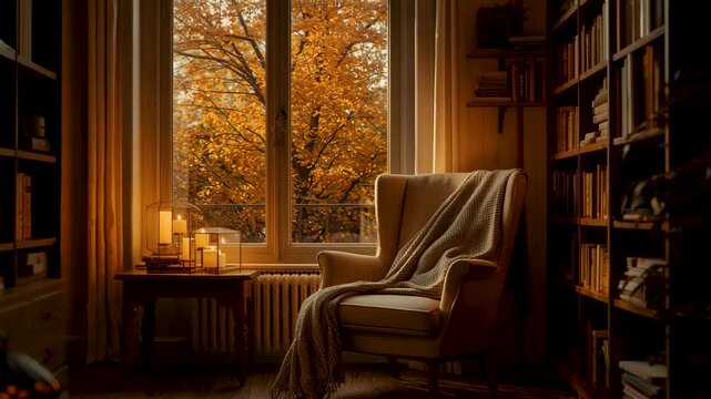 Cozy reading corner with armchair beside window showing autumn trees and warm indoor candlelight