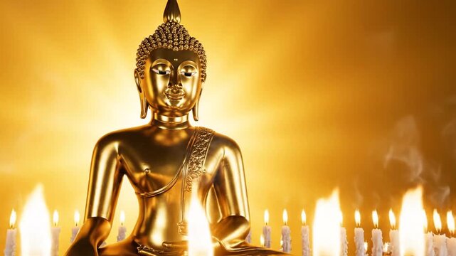 Makha Bucha Background With Seated Buddha Statue and Glowing Candle Circles