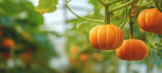 The Pumpkins Hanging in a Lush Greenhouse Garden Ready for Autumn Harvest