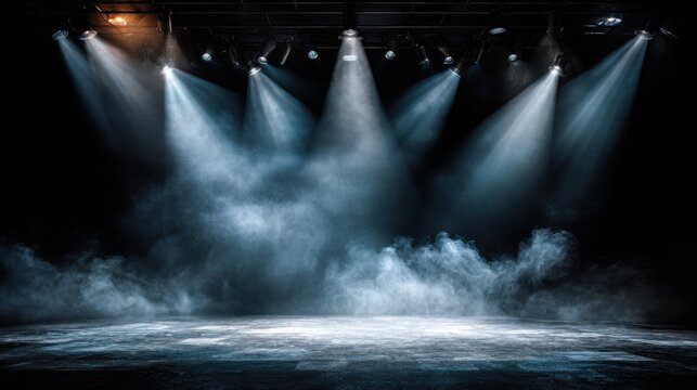 Spotlights shine on a foggy stage area in a theater setting during a performance at night
