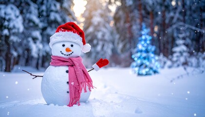 Fototapeta premium Gift box image, big snow man, candy cane and crismas tree, Winter