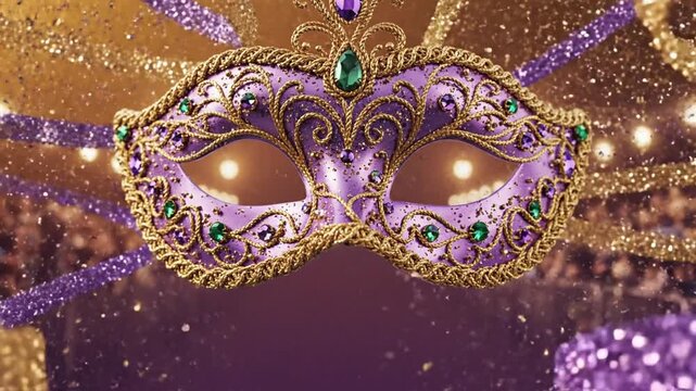Mardi Gras New Orleans Background With Masquerade Mask, Glitter Swirls, and Streetlight Haze