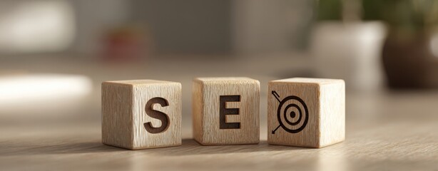 The SEO wooden blocks with target icon on desk representing digital marketing strategy