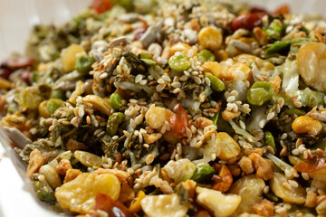 A closeup view of tea leaf salad.