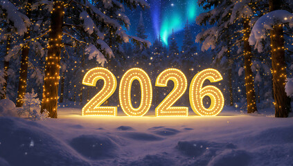 A magical winter night scene with glowing 2026 numbers in a snow-covered forest with aurora borealis