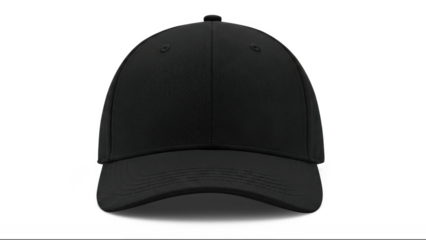 Black baseball cap with curved brim and button on top isolated on transparent background