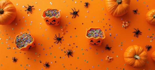 The pumpkin candy bowls and spooky Halloween decorations scattered on orange backdrop