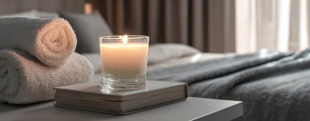 The Candle on a Book Beside a Cozy Bed with Rolled Towels