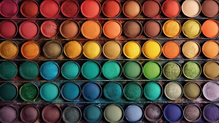 Various chalk pastels are organized in rows displaying numerous colors. Each color is placed in a small container. This setup is ready for art projects or drawing activities.