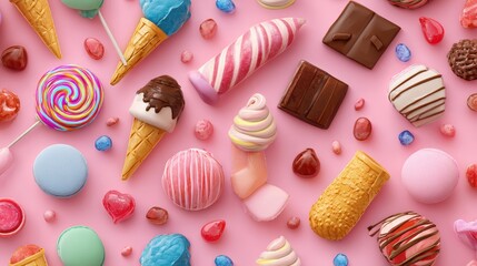 Colorful assorted candies and desserts displayed on a pink background for a fun food-themed celebration