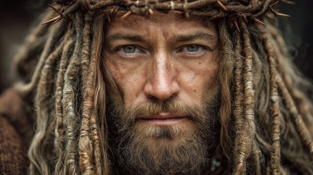 A man with long dreadlocks and a beard is wearing a crown. He has a serious expression on his face