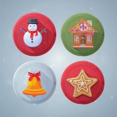 Christmas holiday icon set featuring festive winter elements such as candy cane, snowman, gift box, bell, star, gingerbread, ornaments and decorations.