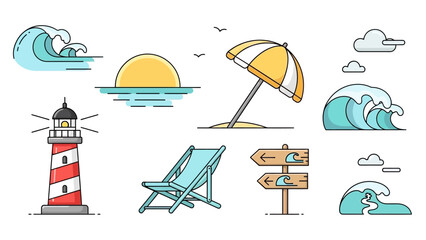 Minimalist Summer Beach Vacation Icon Set with Coastal and Travel Elements