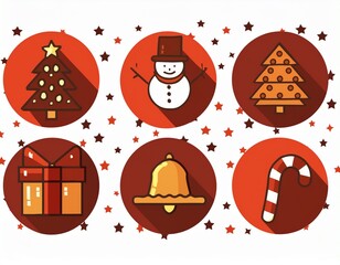 Christmas holiday icon set featuring festive winter elements such as candy cane, snowman, gift box, bell, star, gingerbread, ornaments and decorations.