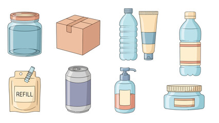 Assortment of various empty packaging containers including bottles, jars, cans, and a box, illustrating different product storage solutions and materials