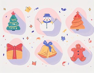 Christmas holiday icon set featuring festive winter elements such as candy cane, snowman, gift box, bell, star, gingerbread, ornaments and decorations.