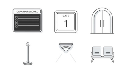 Airport and Travel Icons Departure Board, Gate, Doors, Stanchion, Sensor, and Seating